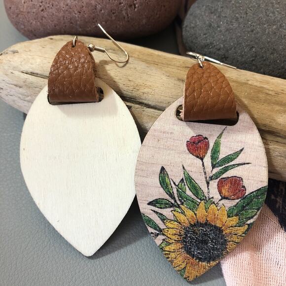Rustic Wood & Leather Earrings – Sunflower Statement Drop Earrings - Picture 3 of 5